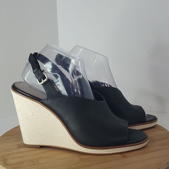 1. State Black Leather Genna Slingback Wedge Sandal Peep Toe Heel 10M - Picture 1 of 14